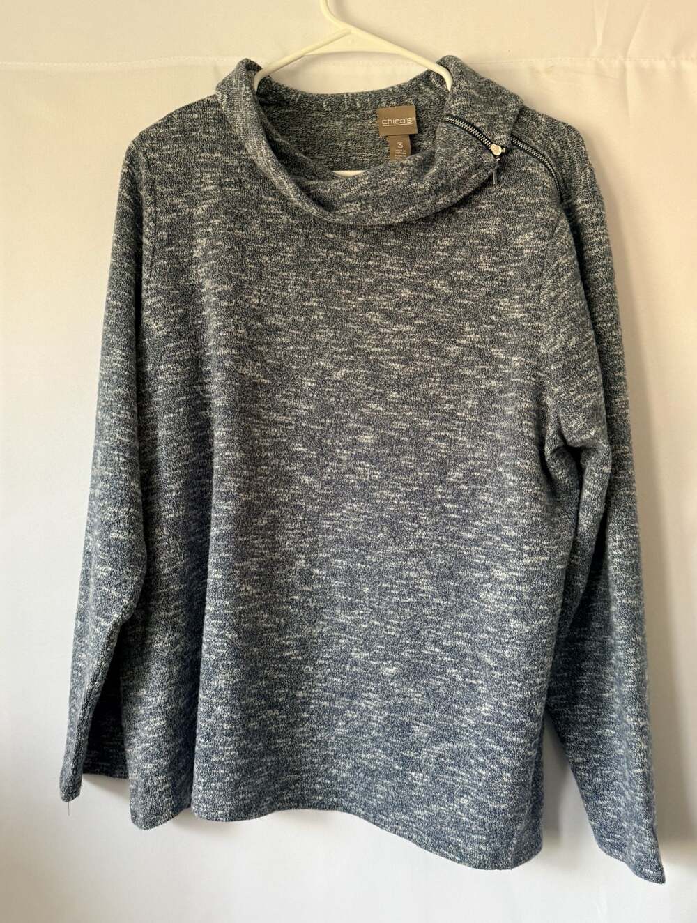 Chico's Blue Heathered Cowl Neck Zip Shoulder Top Size 3